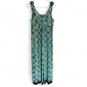 Y2K Boho Vacation Print my collection Sz XL Maxi Dress Twist Front Blue & Green